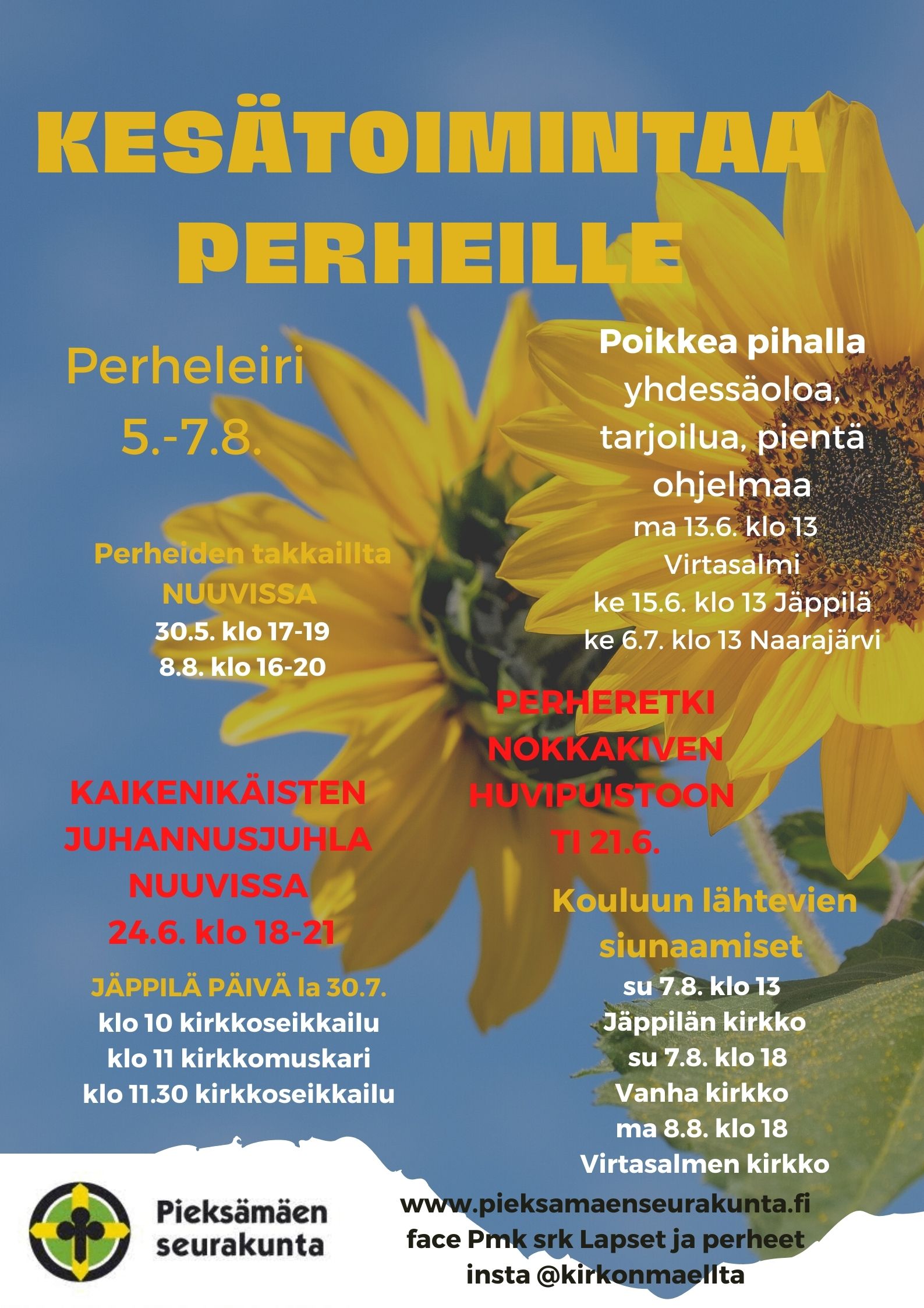 kuvana auringonkukat ja sininen taivas, tekstinä kesätoimintaa perheille