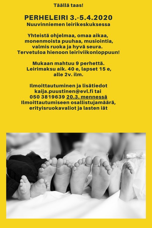 Perheleiri Nuuvinniemen leirikeskuksessa Palmus. viikonl. 3.-5.4. Mainoksessa kuvana neljät pienet varpaat.