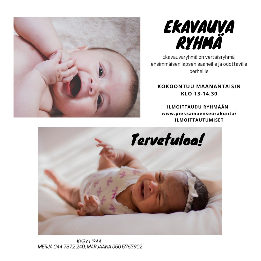 kuvana itkevä ja naurava vauva, tekstinä ekavauvaryhmä maanantaisin klo 13-14.30 ensimmäisen lapsen perheille