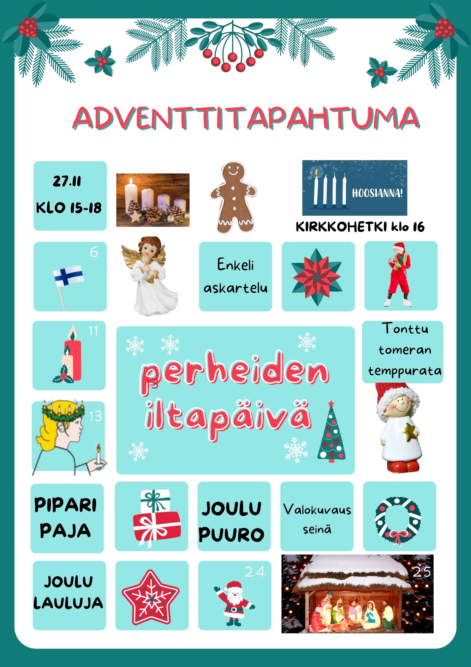 adventtitapahtuma perheille värikäs adventtikalenterimainen mainos