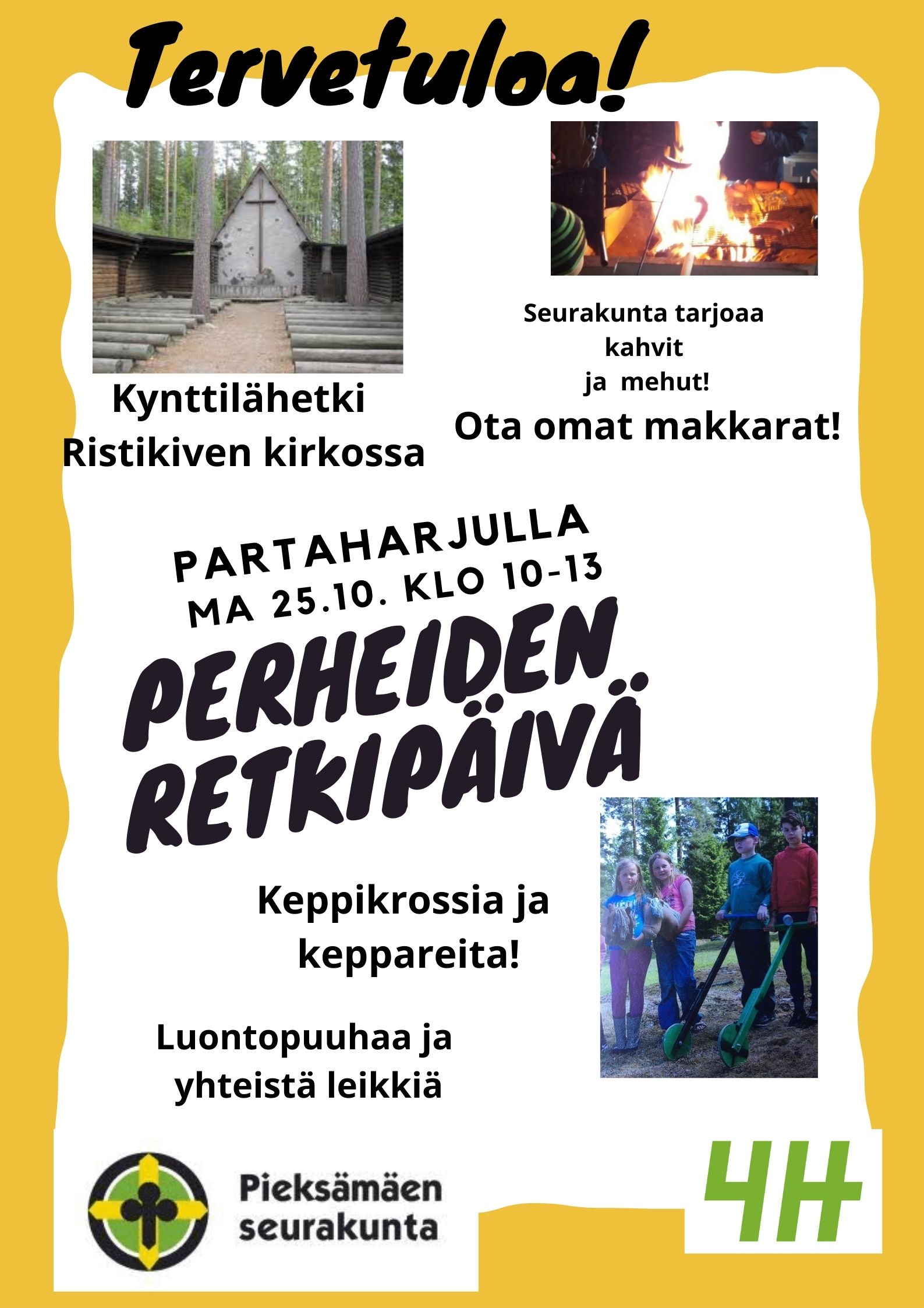Perheiden retkipäivä Partaharjulla Ristikiven kirkko, nuotio ja lapset keppareiden ja kepparikrossien kanssa kuvissa