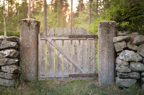Hautausmaan vanha puinen portti kiviaidan välissä. Metsä taustalla.