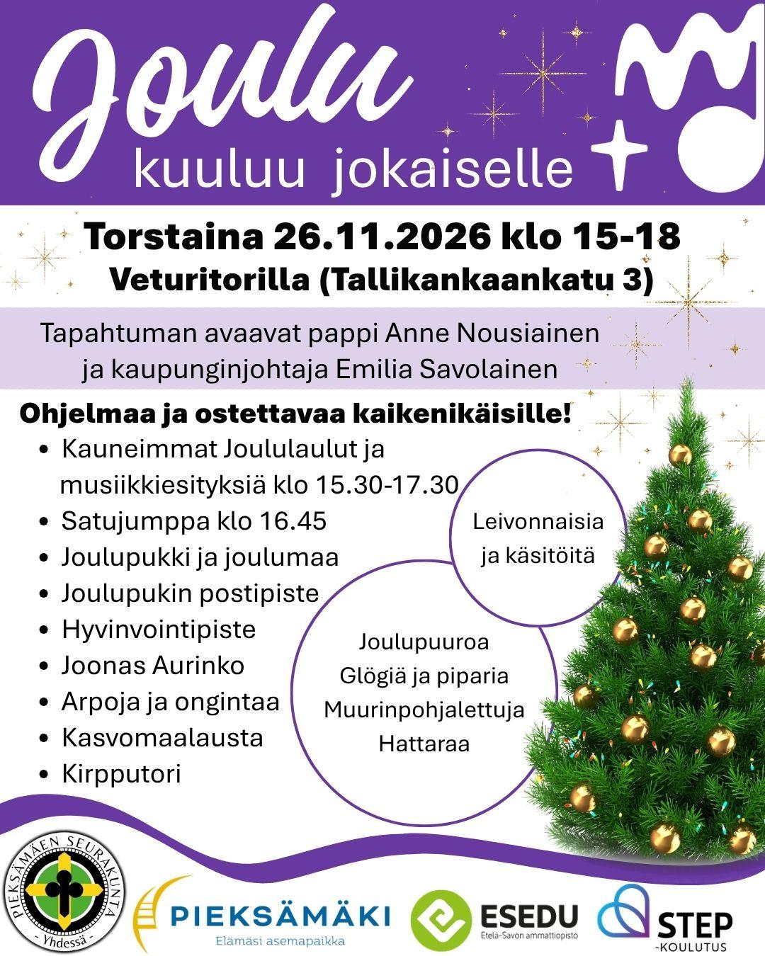 Joulutapahtuman mainos jossa kutsutaan mukaan tapahtumaan, kuvissa joulukuusi ja tähtiä