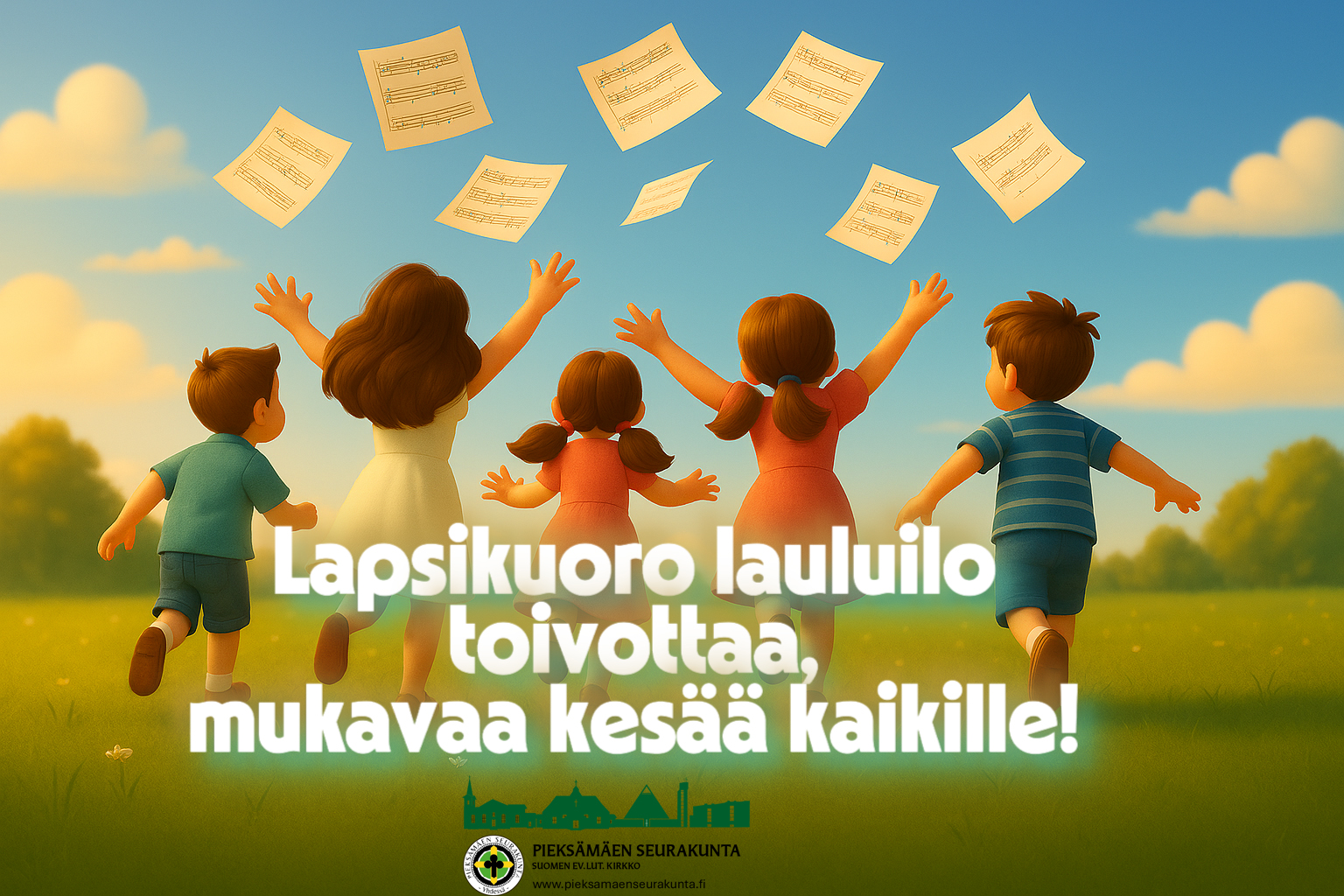 Piirroslapset juoksevat niityllä poispäin ja heittävät nuotteja ilmaan, teksti toivottaa hyvää kesää